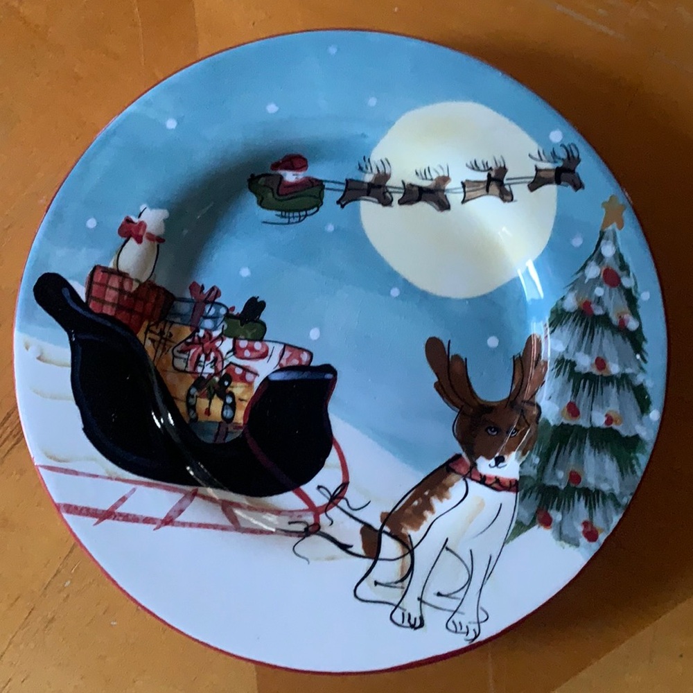 David carter brown holiday plate dog pulling sled